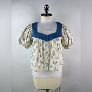 💚 3479. Floral Puff Sleeve Button Front Top